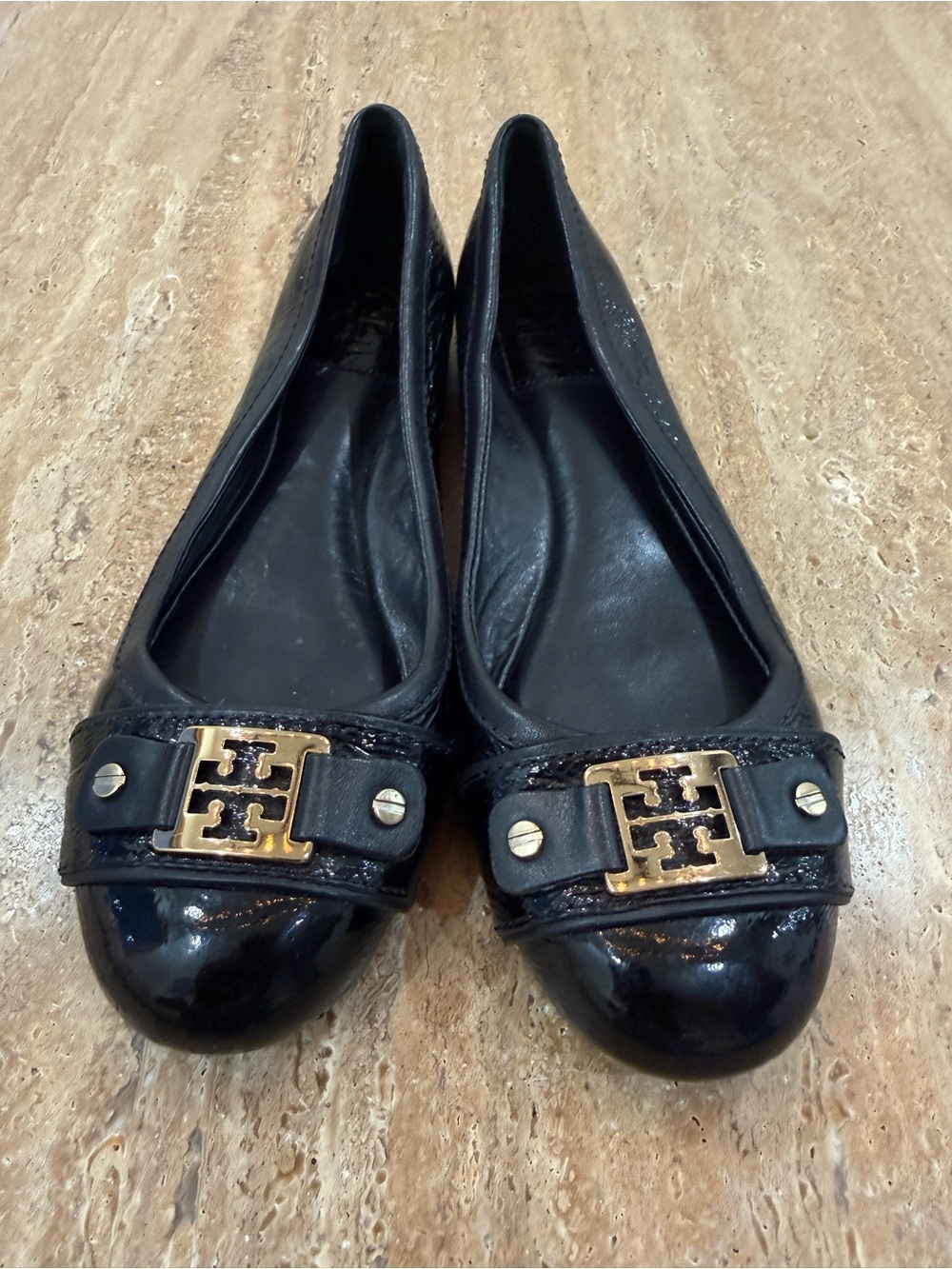 Tory Burch Black Patent Leather Logo Ballet Flats size 8